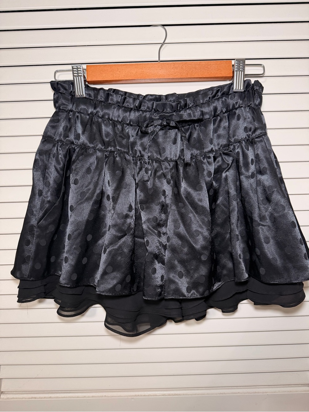 Black Polka Dot Satin Circle Skort with Tiered Hem - Size S